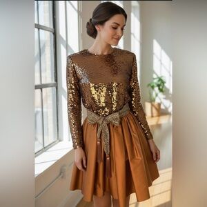 Vintage Oscar de la Renta Studio Sequin and Silk Bronze Formal Mini Dress